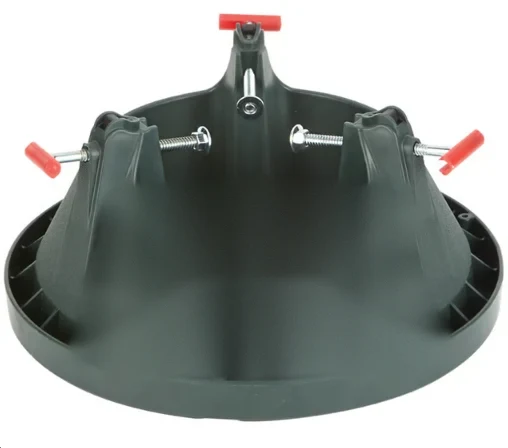 The Cinco tree stand Red's supplies: green moulded base with red-handled screws.