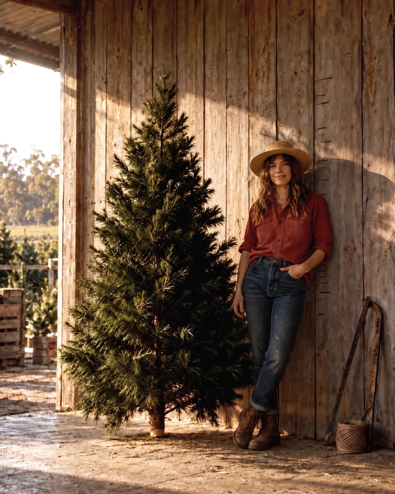 A 7ft pine against the weathered timber wall of the farm shed, with pencil height marks and work boots beside it.